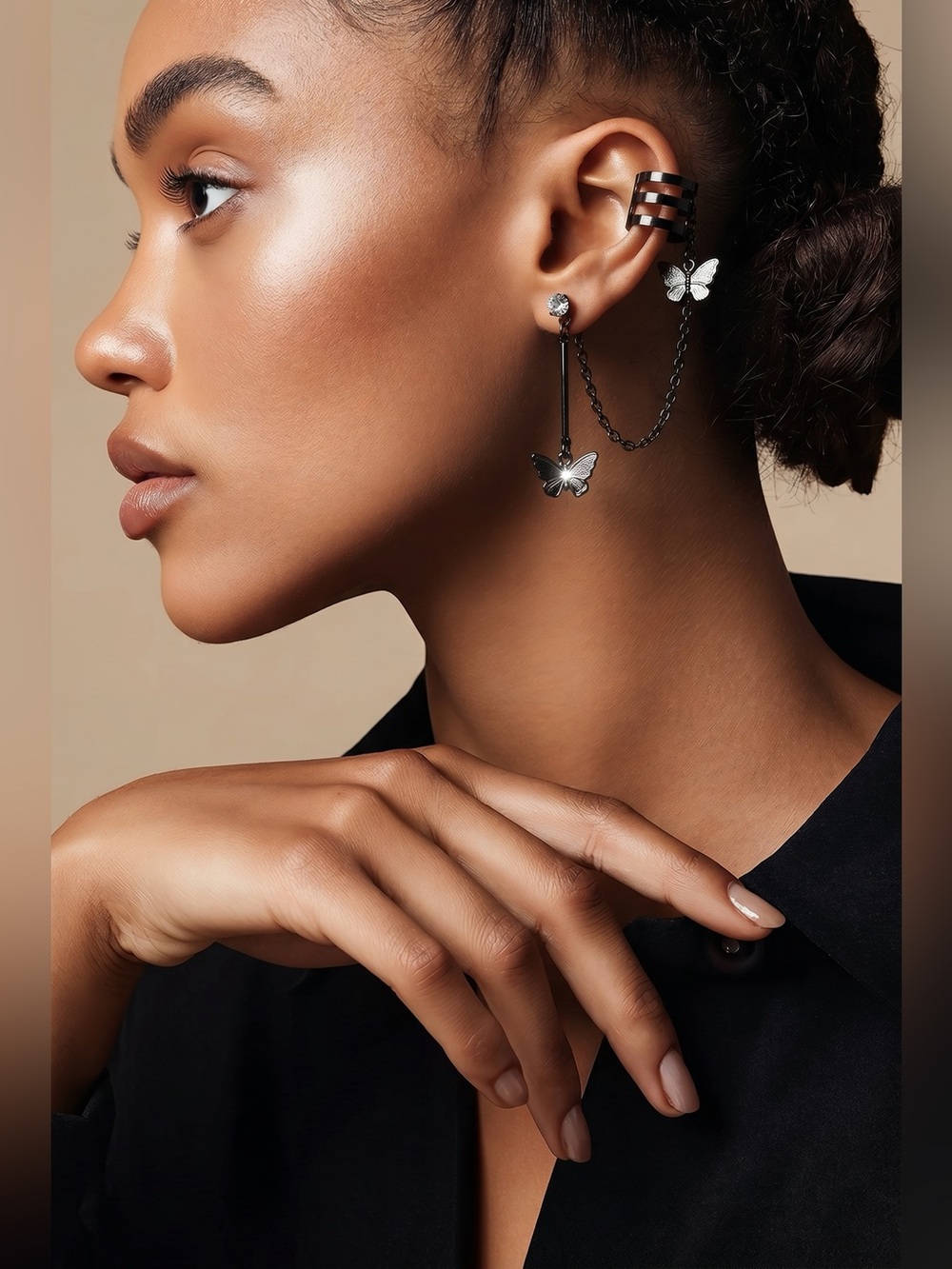 Silver Butterfly Chain Earring and Earlobe Cuff